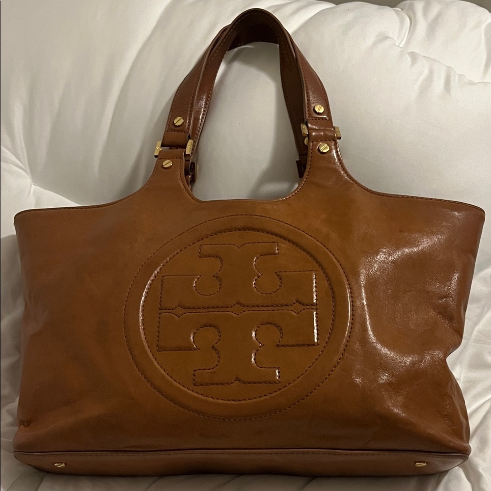Tory Burch Bombe Leather Tote Cognac